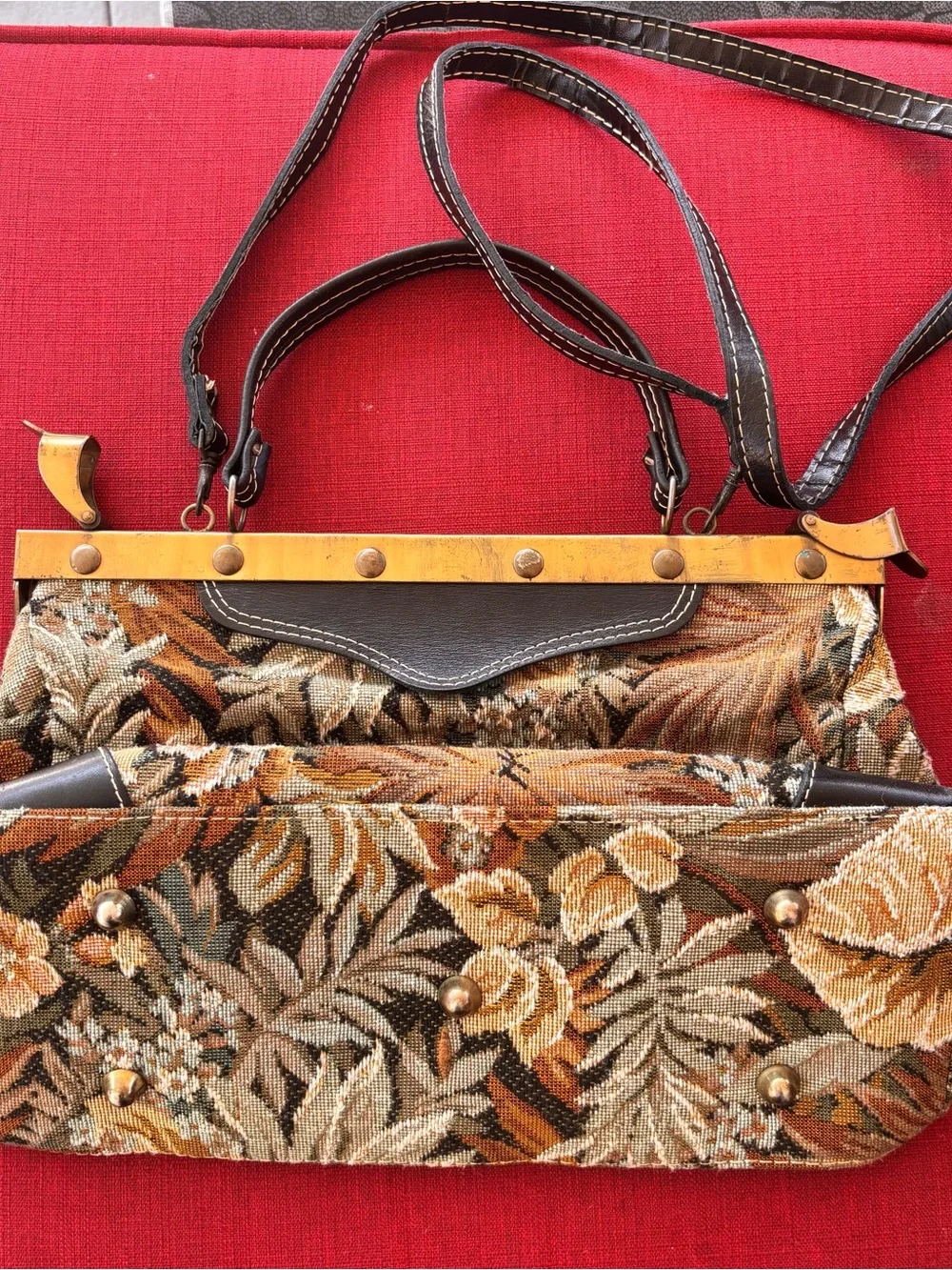 Vintage Floral Tapestry Top-Handle Bag in Brown and Black